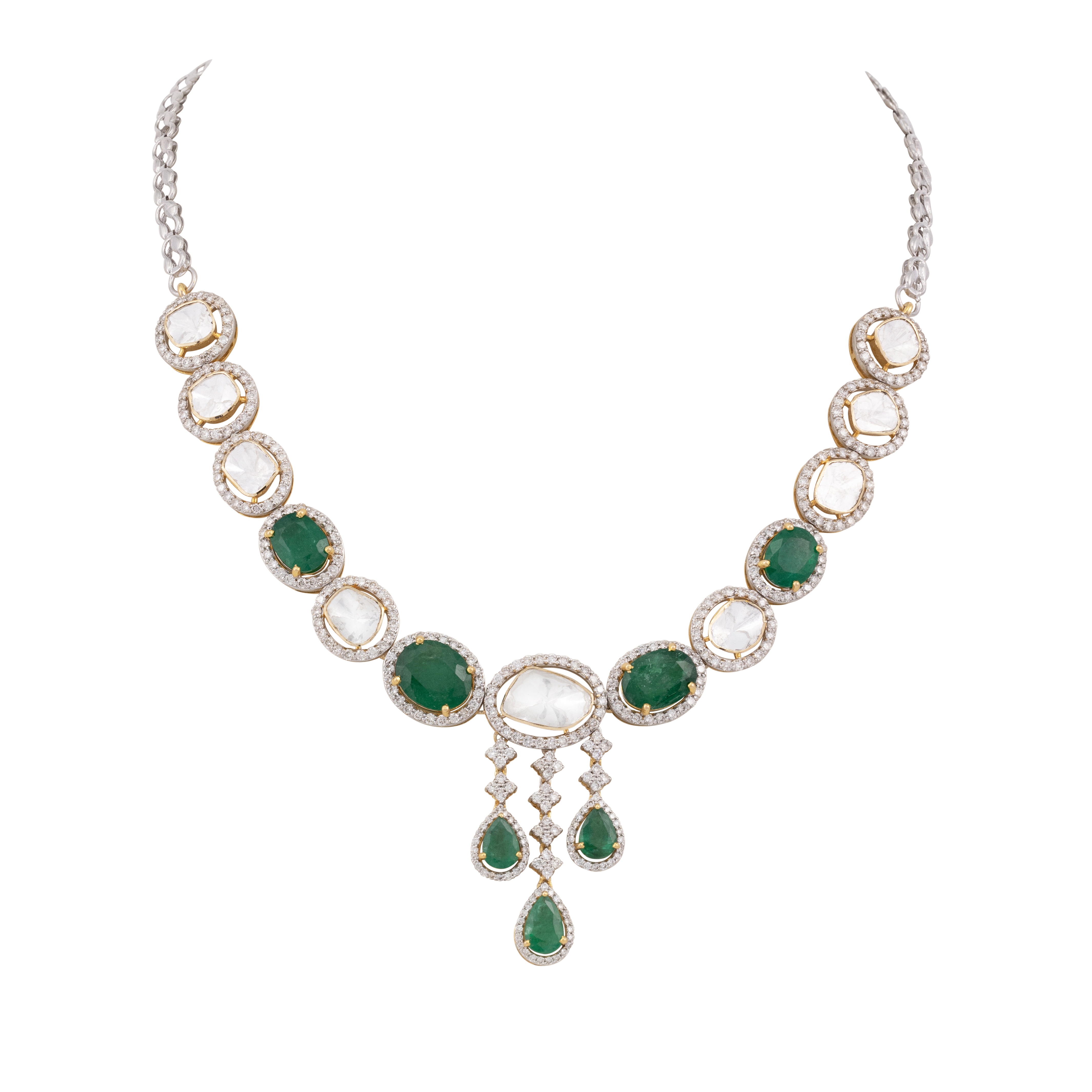 Polki and Zambian Emerald Necklace with Cascading Drops